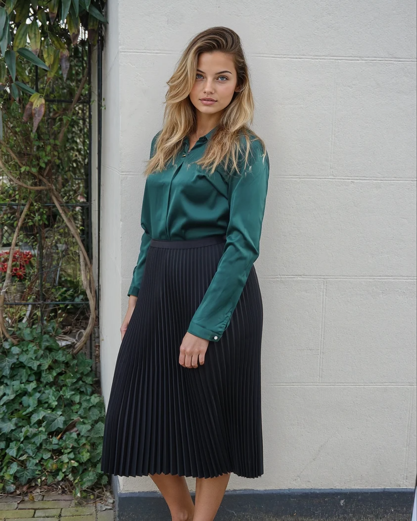 Silk blouse V-neck in green with long sleeves