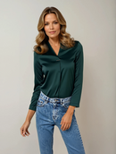 Silk blouse V-neck in green with long sleeves