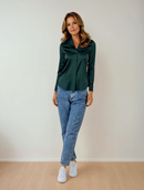 Silk blouse V-neck in green with long sleeves