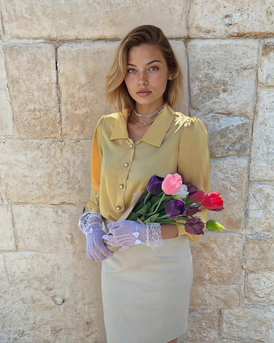 Silk yellow blouse with long sleeves